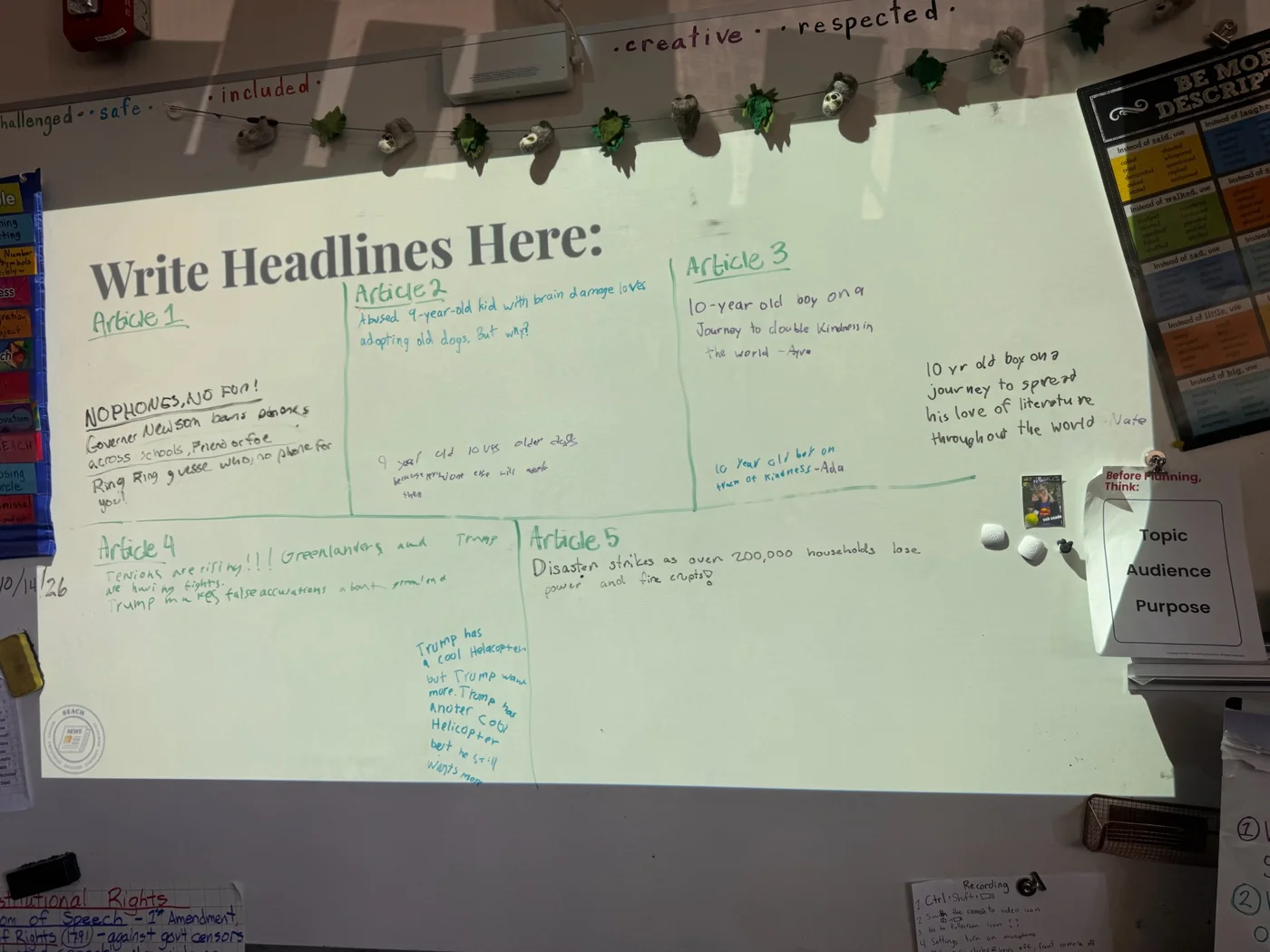 A classroom whiteboard filled with students’ rewritten headlines during a REACH activity.